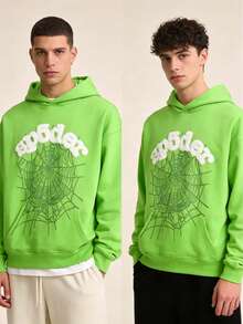 2-Piece Set Men's Hip Hop Spider Web Pattern Graphic Alphabet Print Harajuku Vintage Hoodie Long Sleeve Street Wear Top For Both Men And Women Oversized Hoodies,Y2k Hoodies Hip-Hop Style, - 綠色*2 - 查看 3