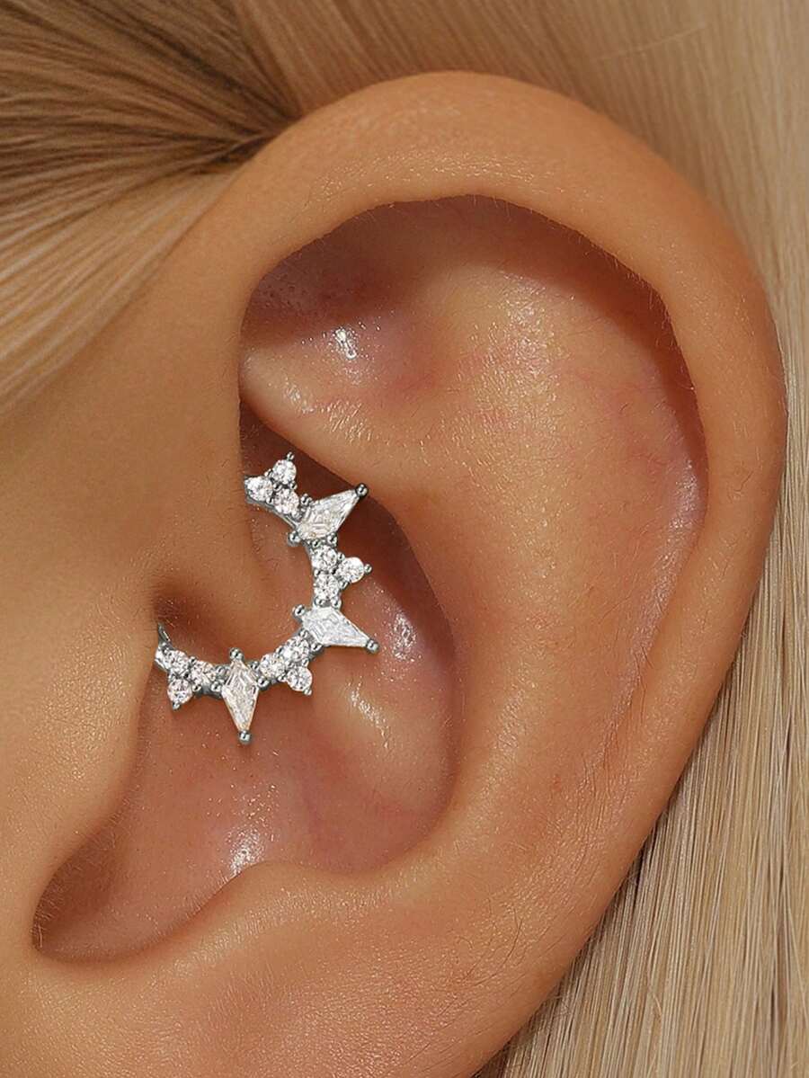 SereneSpark 1Pc 925 Sterling Silver Classic Geometric Elements Cubic Zirconia Nose Ring Tiny And Light Helix Piercing Fine Jewelry Septum Cartilage Spiral Ear Tragus, Hypoallergenic Pure Silver Suitable For Women'S Daily Wear, Parties, And Banquet Occasions - Silver - View 1