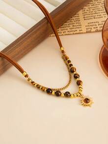 1件波西米亚虎眼石串珠向日葵几何链吊坠项链，奢华优雅，适合婚礼、日常、节日派对等场合，是送给女性的百搭珠宝礼物。 - 金色 - 查看 5