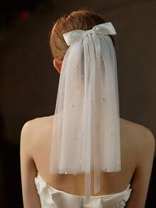 1pc Fashionable Minimalist Pearl Bow Headband, Handmade Pearl Bridal Veil - Multicolor - Beige - View 1
