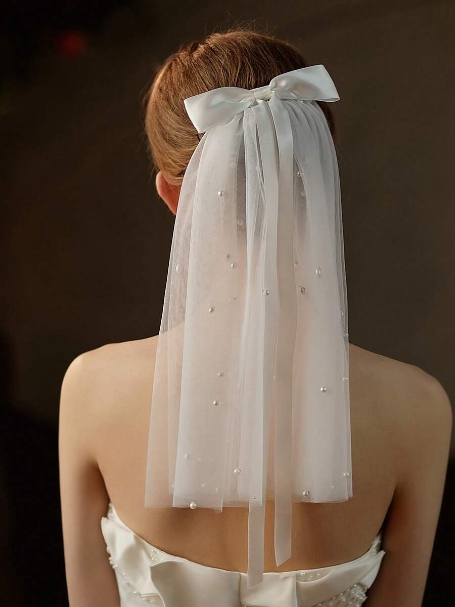 1pc Fashionable Minimalist Pearl Bow Headband, Handmade Pearl Bridal Veil - Multicolor - Beige - View 1