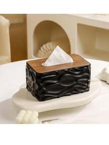 大容量简约创意桌面纸巾盒，塑料材质，适合客厅使用，配有木质盖子 - 彩色 - 查看 7