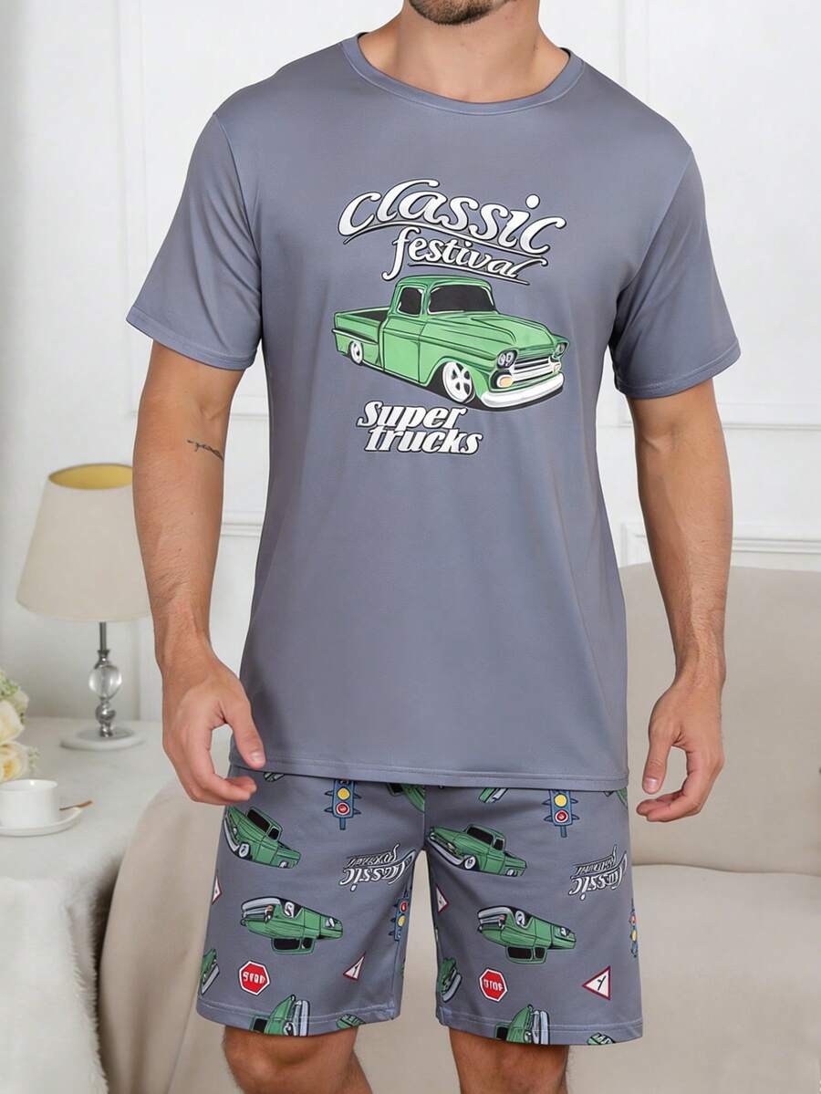 男士睡衣套装,复古休闲卡车印花短袖上衣和短裤,夏季家居服 - 彩色 - 查看 1