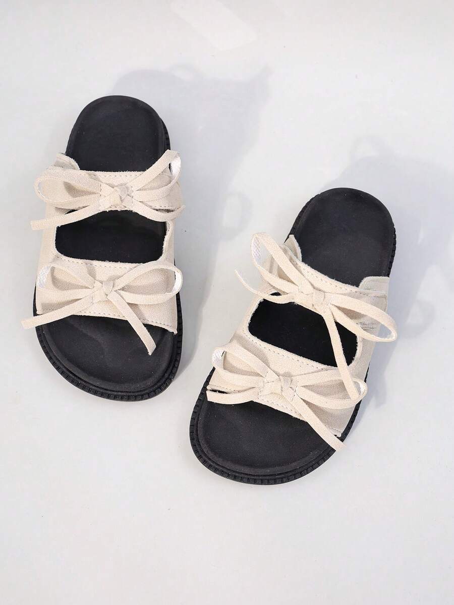 Girls' Beige Suede Bow Slide Sandals, Sweet Open Toe Summer Shoes For Kids - Beige - View 1