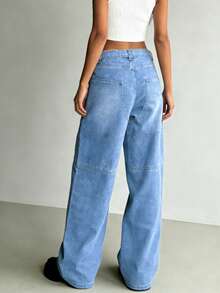 NVFelix Quần jeans nữ ống đứng thời trang, màu xanh denim bạc màu, có cúc và khóa kéo, dáng dài, không co giãn, kiểu dáng thường ngày. - Rửa trung bình - Xem 2