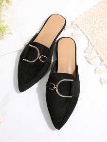 Black Flat Mule Shoes With Metal Buckle Decor, Pointed Toe Slip-On Backless Loafers For Women, Casual Elegant Comfortable Office Commute Minimalist Shoes, Spring Autumn - Black - View 10
