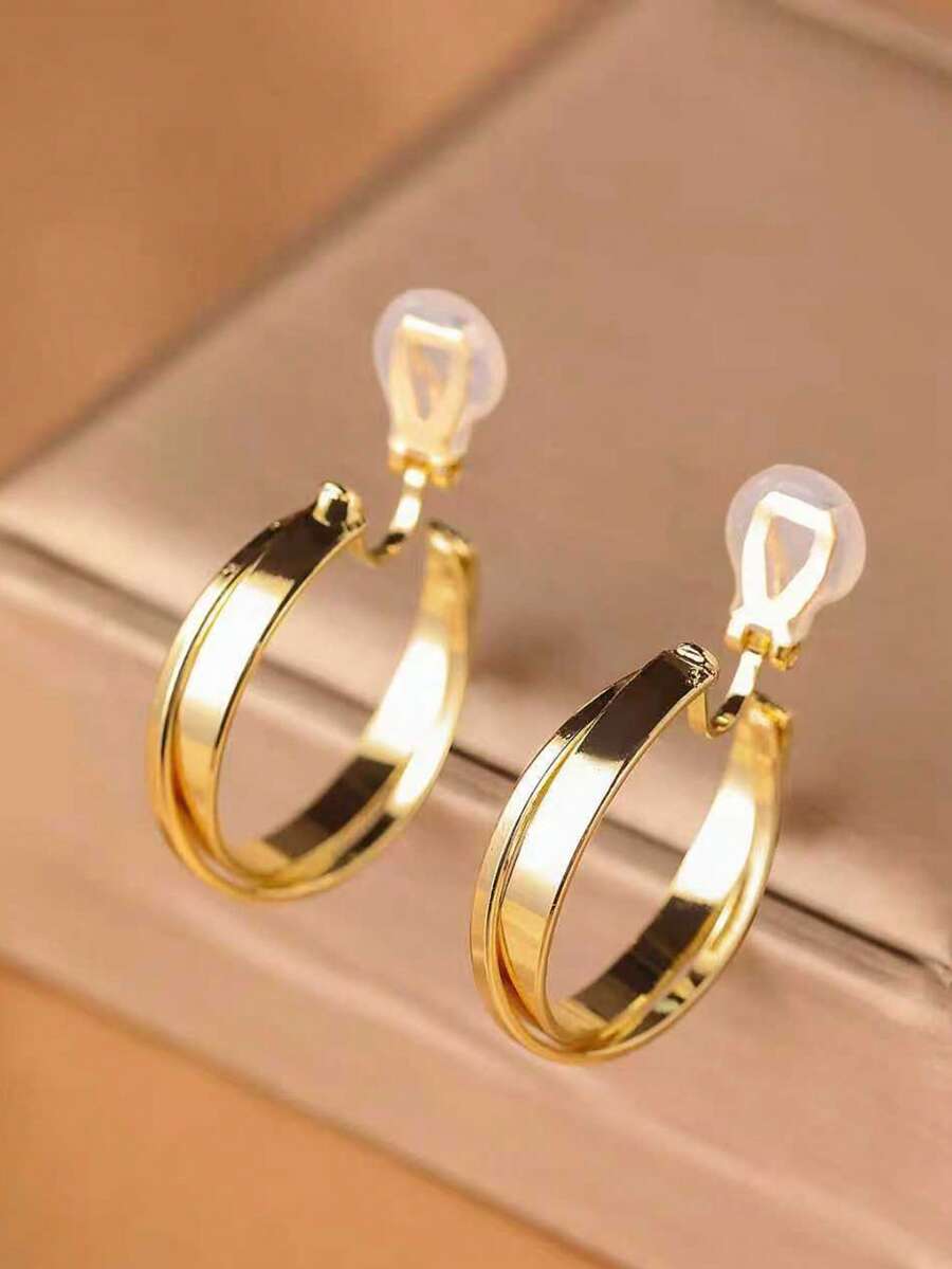 1 Pair Fashionable New Round Circle Iron Earrings For Women, Clip-On Earrings With Double Circles, Slimming & Elegant, Suitable For Daily Wear, Holiday Gift - Ear Clip - View 1