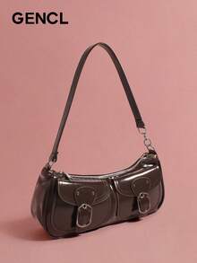 Bolso de hombro vintage de color sólido de moda, adecuado para viajes y desplazamientos diarios. - Café integral - Ver 7