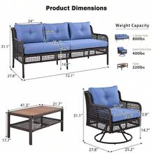 Juego de muebles de patio GO de 4 piezas con sillas giratorias, sofás de mimbre para exteriores para 5 personas, conjunto de conversación de ratán seccional para exteriores, ideal para la terraza, el patio trasero o la piscina, color azul. - Azul + Poliéster + Mimbre + Conjuntos de Patio Completos - Ver 10