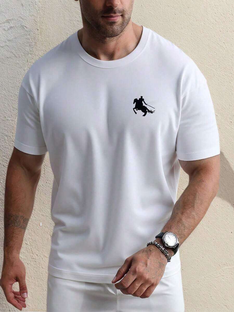 Camiseta de manga corta casual de cuello redondo con estampado de caballero para hombre, ideal para viajes/vacaciones/campamento al aire libre/deportes, combinada con pantalones casuales - Blanco - Ver 1