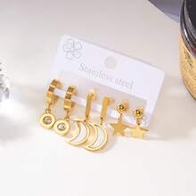6pcs Stainless Steel Star & Moon Earrings Set, Suitable For Women's Daily, Party, Event Wear - Multicolor - View 4