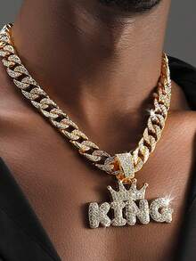 Kalung Liontin Huruf Rantai Kuba Hip-Hop Unisex Bertabur Berlian, Hadiah Terbaik Serbaguna untuk Teman dan Keluarga - MultiWarna - View 3