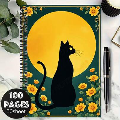 100-seitiges Vintage-Stil Notizbuch mit Schwarzer Katze & Blumenmuster, Spiralbindung, hochwertiges Papier, geeignet für Arbeit, Studium, Tagebuchschreiben, tägliche Planung, Notizen, ein sinnvolles Geschenk zu Abschluss, Geburtstag usw.