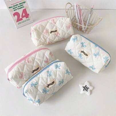 1 Pc Cream Bowknot Pen Bag High Capacity Student Stationery Storage Bag Portable Pencil Pouch