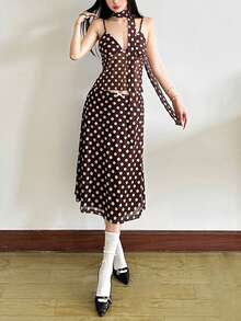 Kliou 女士夏季优雅简约基本款波点中长 A 字裙，2026 时尚简约下装 - 棕色 - 查看 8