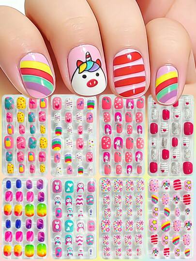 192 piezas (8 cajas) Uñas postizas acrílicas para niños, cobertura completa de un solo uso con pegamento, temas lindos de primavera/verano - piña, flor, unicornio, pingüino, flamenco, arcoíris, corazón, set de uñas adhesivas cortas para niños