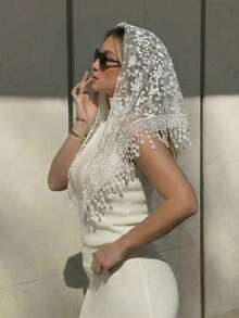 1pc 2026 New Fashion Floral Lace Scarf & Headscarf Set For Women, Lightweight & Breathable, Suitable For Weddings, Parties And Formal Events - Màu trơn - Xem 3