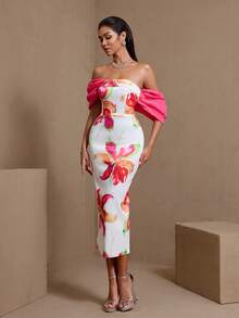 Vestido elegante y sexy con estampado floral y espalda descubierta, adecuado para fiestas, citas, aniversarios, graduaciones y cenas formales - Rosa Fucsia - Ver 7