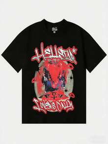 Hellstars Lovers Only Red Lips Y2K Graphic T-Shirt,220g 100% Cotton,Round Neck Short Sleeve,Black Streetwear Essential For Summer Going Out,Unisex Style - 黑色 - 查看 1
