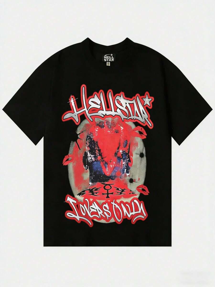 Hellstars Lovers Only Red Lips Y2K Graphic T-Shirt,220g 100% Cotton,Round Neck Short Sleeve,Black Streetwear Essential For Summer Going Out,Unisex Style - 黑色 - 查看 1