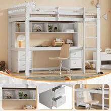 Mezzanine Bed 90 X 200 Cm, Children's Bed, Bunk Bed, Table Underneath, Large Storage Space, High Guardrail, Sturdy Staircase, White - White - View 6