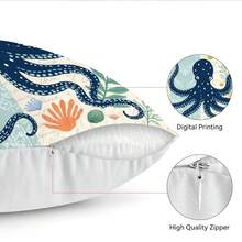 4件套海洋系列海龟、章鱼、贝壳图案单面印花抱枕套，适用于客厅、沙发、卧室，不含枕芯 - 彩色 - 查看 11