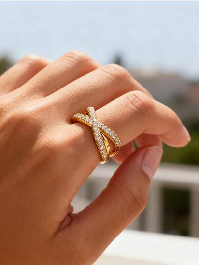 1 szt. Luksusowy pierścionek z cyrkonii sześciennej dla kobiet, geometryczny pierścionek z otwartym palcem, złoty kolor, prezent na urodziny i dzień matki
