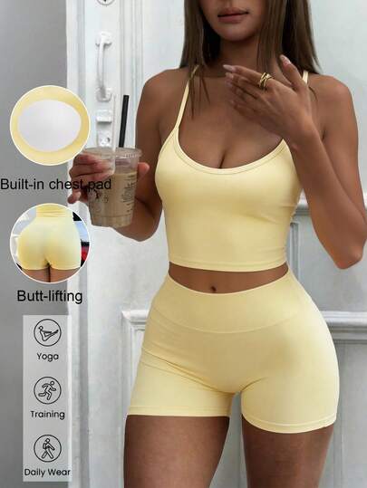 GAOVOT Women's Yellow Sexy Criss-Cross Back Tank Top And High Waist Shorts 2 Pieces Set, Suitable For Yoga, Workout, Fitness, Running, Pilates