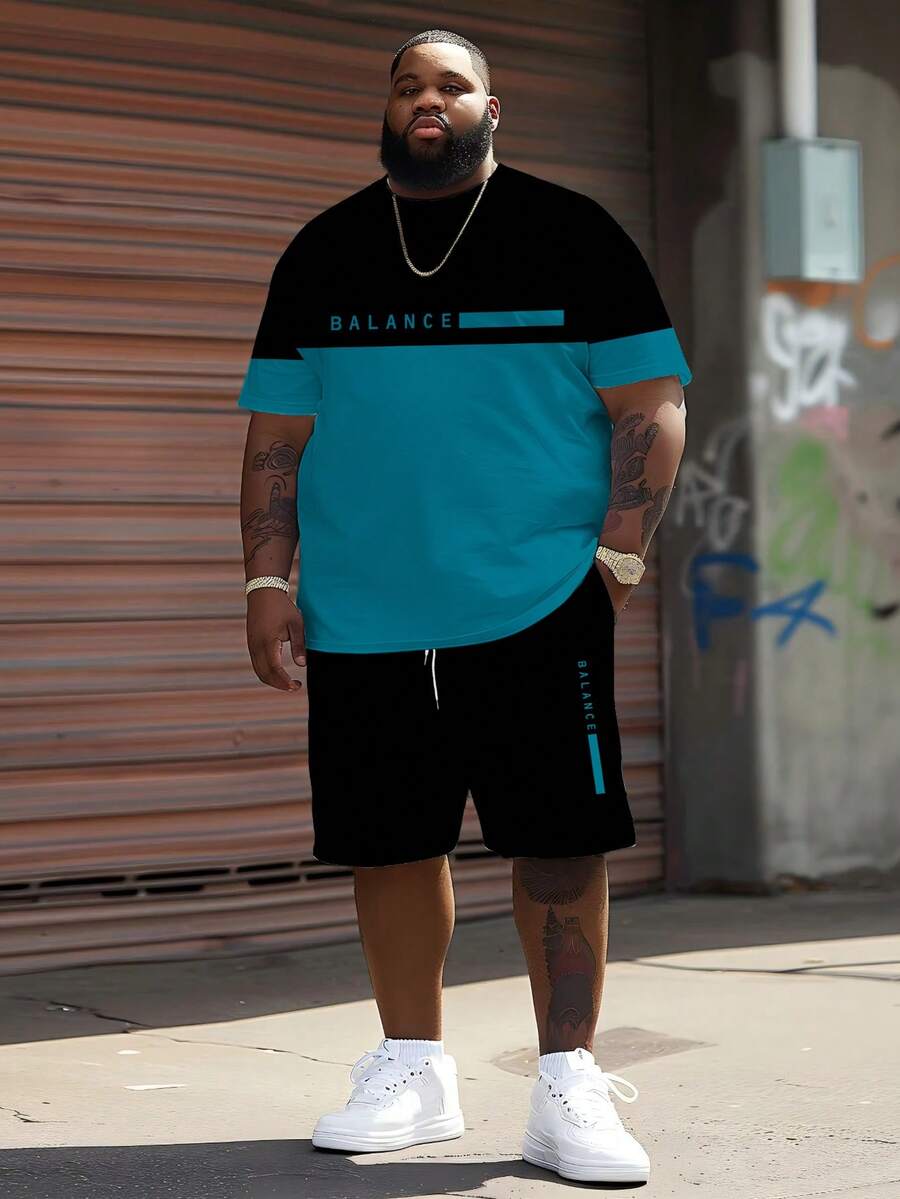 Men's Casual Sports Set - "Minimalist Contrast Color Matching BALANCE Plaid" Pattern Design, Polyester Knit Fabric, Round Neck, Drawstring Shorts, Pockets, Regular Fit, Suitable For Plus Size - Mint Green - View 1