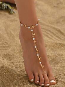 1pc Summer Ocean Style Starfish & Shell Handmade Toe Ring, Fashion Beach Resort Jewelry Anklet For Women, Gold Color Suitable For Daily Outfit, Beach Travel, And Dates - Gold - View 1