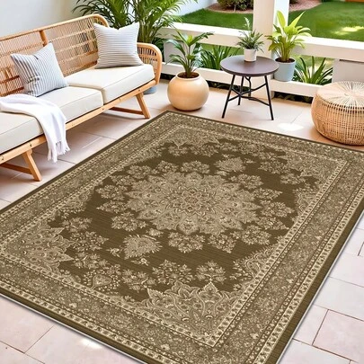 1 pieza Alfombra estilo europeo, con gran patrón floral de mandala sobre fondo verde oliva. Hecha de material de terciopelo con un peso aproximado de 850g y un grosor de alrededor de 0.6cm. Duradera, antideslizante y fácil de limpiar. Disponible en varios tamaños. Adecuada para cocina/sala de estar/comedor/dormitorio/balcón/baño/estudio. Excelente opción de decoración del hogar.