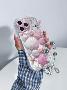 1个粉色贝壳印花海洋元素加厚高透明防摔手机壳，搭配金属蝴蝶结珍珠挂绳，适合自用或送礼，兼容苹果 11/12/13/14/15 Pro Max，三星Galaxy A04/A05/A13/A14/A15/A24/A25/A35/A54/A55/S23/S24 - 彩色 - 查看 2