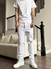 Men's Jeans With Splattered Ink, Ripped Holes, Slim Fit And Stacked Feeling, Suitable For Fashionable Pencil Shorts For Men And Women - White - View 4