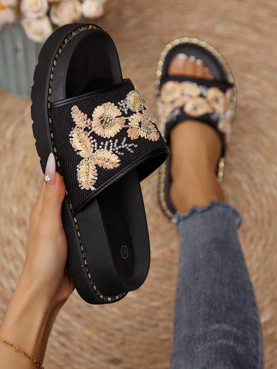 2026 女士厚底厚底拖鞋，时尚百搭，适合夏季室内/室外穿着，多功能清凉沙滩拖鞋，刺绣设计，方便穿脱 - 彩色 - 查看 1