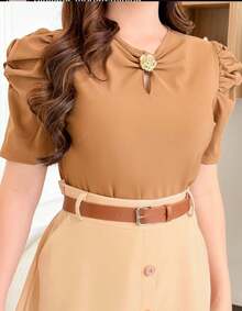 Elegant Short Sleeve Blouse Evangelical Fashion Puff Sleeve - Rust Brown - View 6