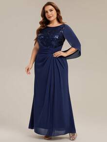 EVERPRETTY Plus Size Embroidered Evening Gown, Elegant Floral Sequin Mermaid Formal Dress, High-End Evening Gown For Prom, Graduation, Formal Occasions - Navy Blue - View 3