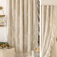 1pc Woven Floral Living Room/Bedroom Blackout Window Curtain, Self-Adhesive No Drilling Needed, Dust-Proof Thermal Insulation Translucent - Beige - View 7