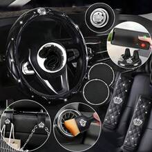 Bộ 11 phụ kiện trang trí xe hơi - Họa tiết vương miện - Bọc vô lăng không có vòng trong, miếng đệm vai dây an toàn xe hơi, móc treo ghế trước xe hơi, phụ kiện trang trí nút khởi động một chạm, giá đỡ điện thoại, tấm lót cốc, chổi vệ sinh - Trang trí nội thất xe hơi - Hoa văn vương miện - Xem 5