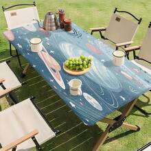 1pc Water-Resistant Outdoor Tablecloth With Elastic Edge - Ideal For Camping, Picnics And Garden Parties - Polyester Fabric With Gold Painting Sunflower Grass Tree Leaf Pattern Print, Suitable For Party And Outdoor Decor, Dining Table Decoration, Outdoor Decor, Decorations, Daily Decor - B - View 3