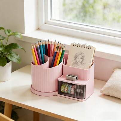 1个多功能收纳盒，美术笔刷收纳盒，文具收纳盒，可旋转桌面收纳盒，适合学生和办公人士使用