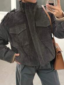 DEEKA Spring & Autumn New Women's Fashion European And American Style Suede Leather Casual Jacket - Chestnut 1 - View 4