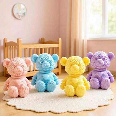 3D心形坐熊硅胶模具，DIY蜡烛、树脂、石膏卡通动物家居装饰模具