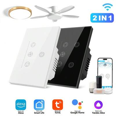 美标智能WiFi风扇灯开关 - 双开关+单风扇设计，钢化玻璃面板，可调节LED背光，兼容Alexa App和语音控制，可调节风扇速度，定时功能，需接零线，600W照明+150W风扇