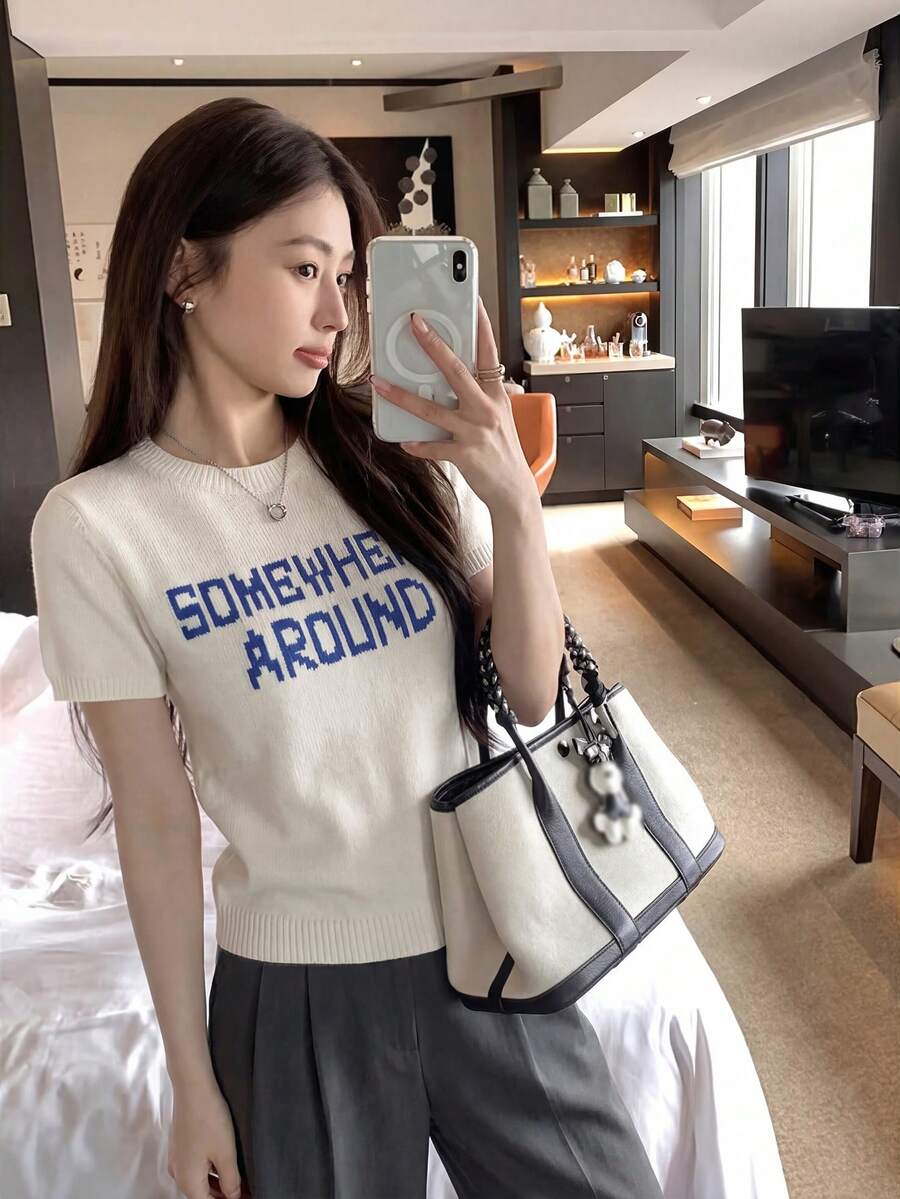 Women's Spring/Summer Retro Casual Short-Sleeve Knit Sweater | Round Neck Top With Letter Jacquard Pattern - Apricot - View 1