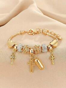 1pc 26 Letter, Heart, Cross, Flower Beaded Bracelet, Fashionable Youth Keychain, Cross Pendant Bracelet - Multicolor - View 48