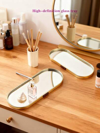 1 Exquisite Oval Gold Glass Storage Tray (S, M, L, Three Sizes Available), HD Glass Mirror, Nordic Light Luxury Style, Aluminum Alloy And Glass Material - Multifunctional Storage Rack, Large Capacity Exquisite Display Tray, Jewelry Tray, Cosmetics, Aromatherapy, Candle Holder, Jewelry, Makeup Brush, Key, Watch Multifunctional Storage, Suitable For Bathroom, Dresser, Living Room, Study, Hotel, Dormitory, Bedroom Decoration And Storage, Holiday Party, Home Decoration, Women's Gifts