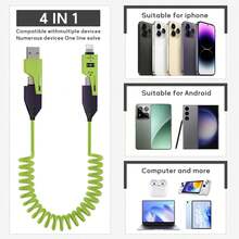 FCV 1pc 4-In-1 65W USB-C Spiral Multi-Function Charging Cable, Sliding Undamaged Adapter, Slim Tip Suitable For Thick Phone Cases, Reinforced Lightning Port, Compatible With IPhone CarPlay - View 3