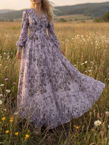 Vuslat 复古 V 领碎花长袖束腰连衣裙，乡村风格，适合春季郊游和度假，夏季连衣裙，外出，优雅连衣裙，女士度假装，休闲连衣裙，碎花连衣裙 - 紫色 - 查看 5