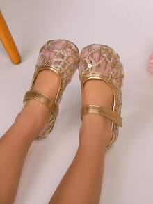 1双女童新款镂空网面金色刺绣舞蹈鞋，母女款软底网面套脚鞋，时尚舒适可爱公主复古优雅，适合3-15岁女孩、幼儿、儿童，户外、度假穿着 - 金色 - 查看 8