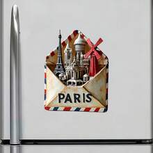 Carta de París: Imán de refrigerador con forma de sobre con iconos apilados y solapa de sobre, Torre Eiffel - Romance sellado en tu refrigerador - B - Ver 6